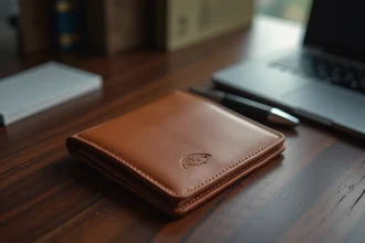 Porte-monnaie en cuir personnalisé avec logo d'entreprise posé sur un bureau en chêne sombre, accompagné d'une carte de visite et d'un stylo élégant