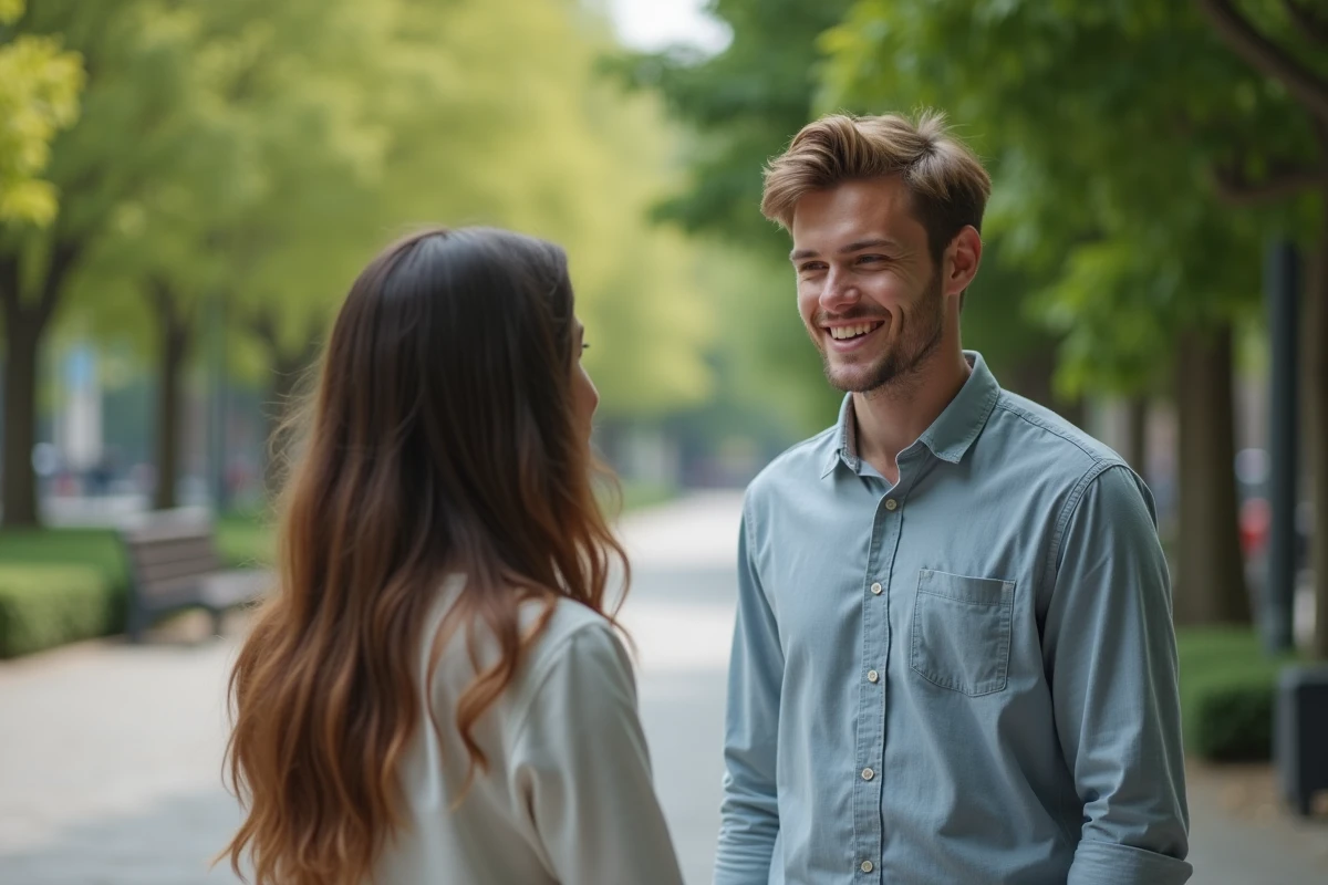 Homme souriant regardant une femme dans un parc urbain