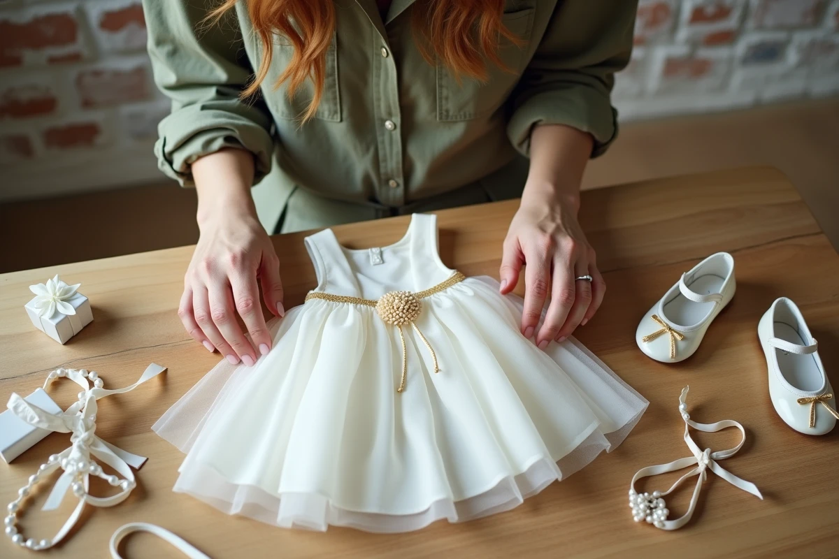 Préparation d'une tenue de fête harmonieuse pour bébé avec robe en tulle et chaussures assorties