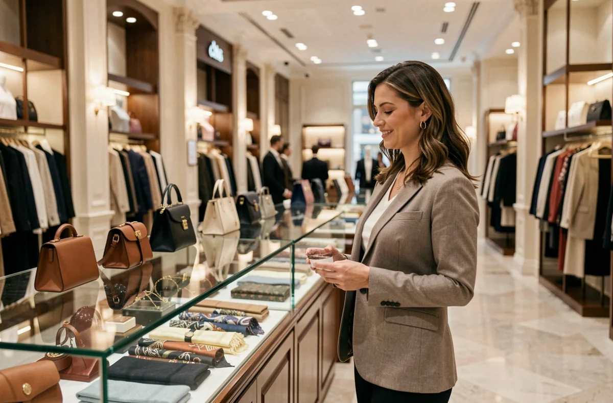 Femme élégante faisant du shopping au Printemps Tours parmi les rayons mode et accessoires du grand magasin