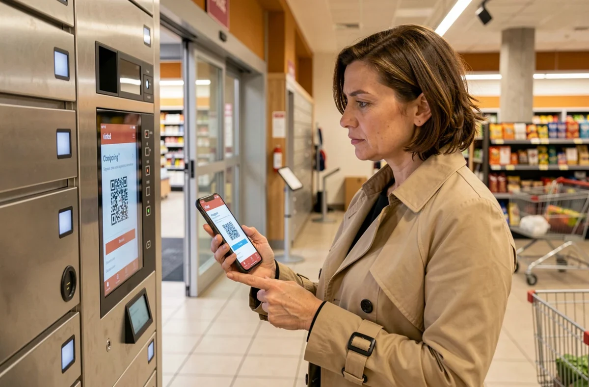 Femme consultant le QR code Vinted sur son téléphone devant une consigne automatique en supermarché pour déposer son colis
