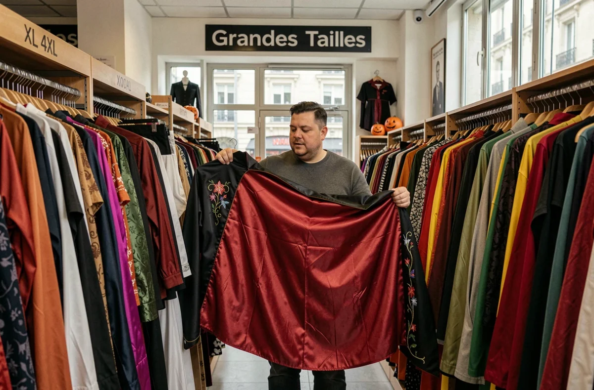 Homme grande taille dans le rayon déguisements Halloween grande taille d'une boutique parisienne