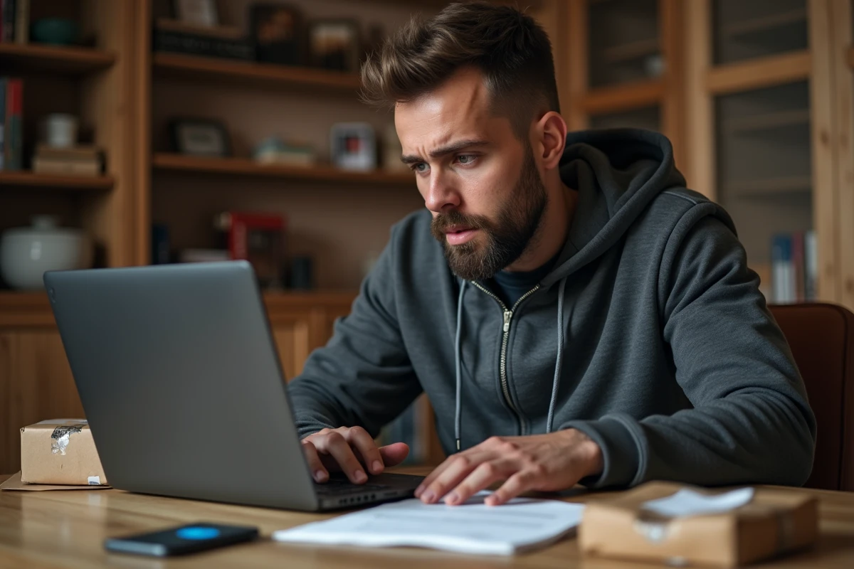 Homme remplissant un formulaire de réclamation en ligne pour un colis perdu Vinted Go