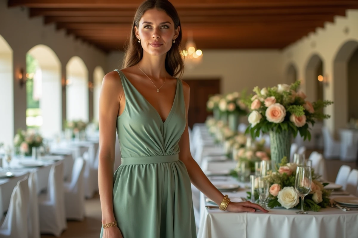 Invitée en robe cocktail courte vert sauge élégante lors d'une réception de mariage en intérieur
