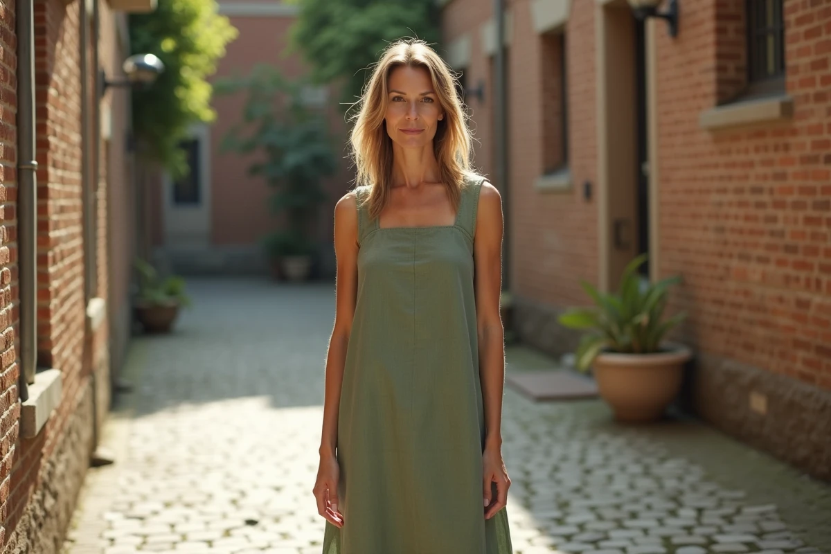 Femme en robe coupe rectangle en lin vert sauge dans une cour urbaine pavée, silhouette droite et géométrique clairement visible de face