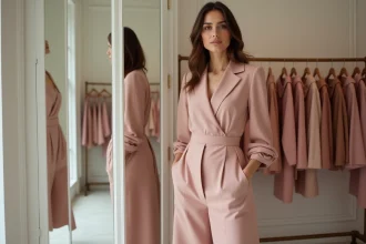 Styliste portant une robe coupe trapèze en tissu rose poudré dans une boutique parisienne, silhouette géométrique évasée bien visible en pied