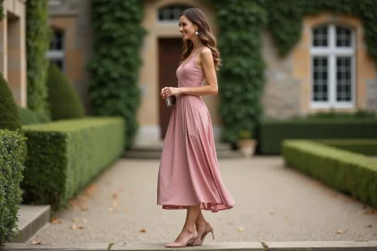 Femme invitée de mariage portant une robe courte cocktail rose poudré élégante sur les marches d'un château