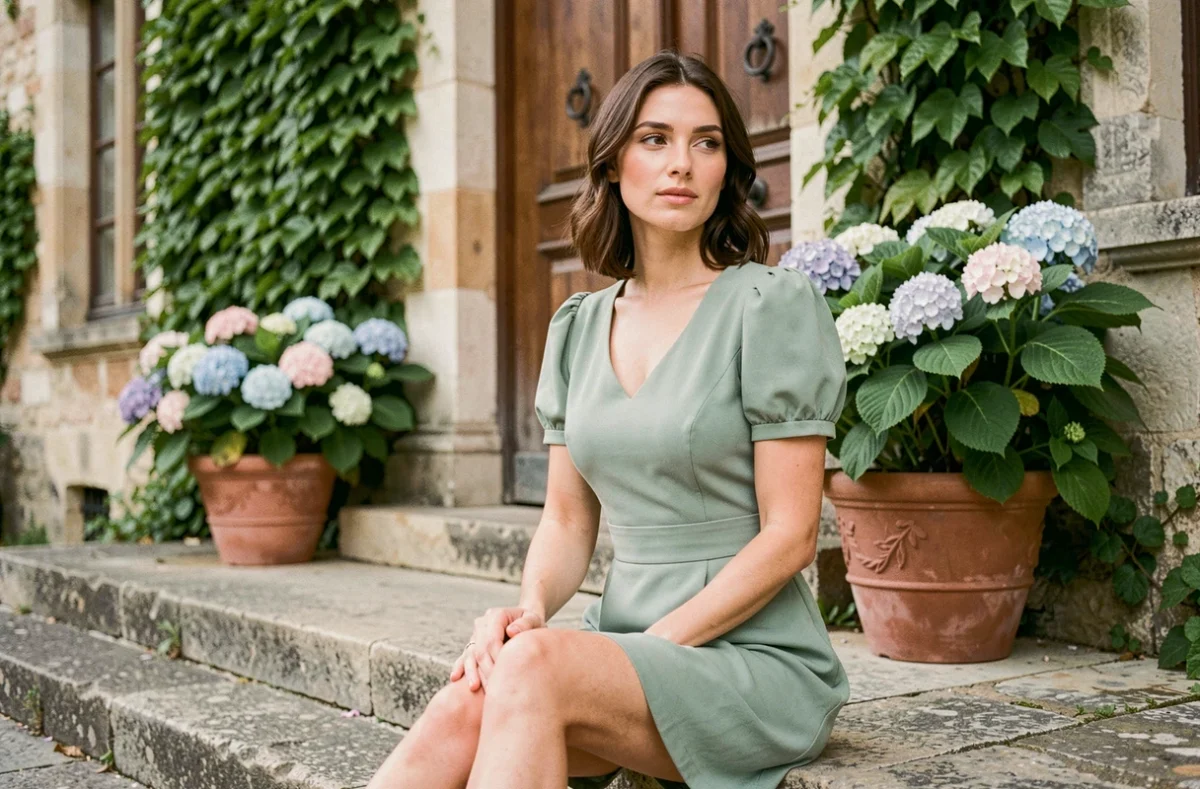 Invitée de mariage en robe courte vert sauge à manches bouffantes assise devant un château historique au printemps