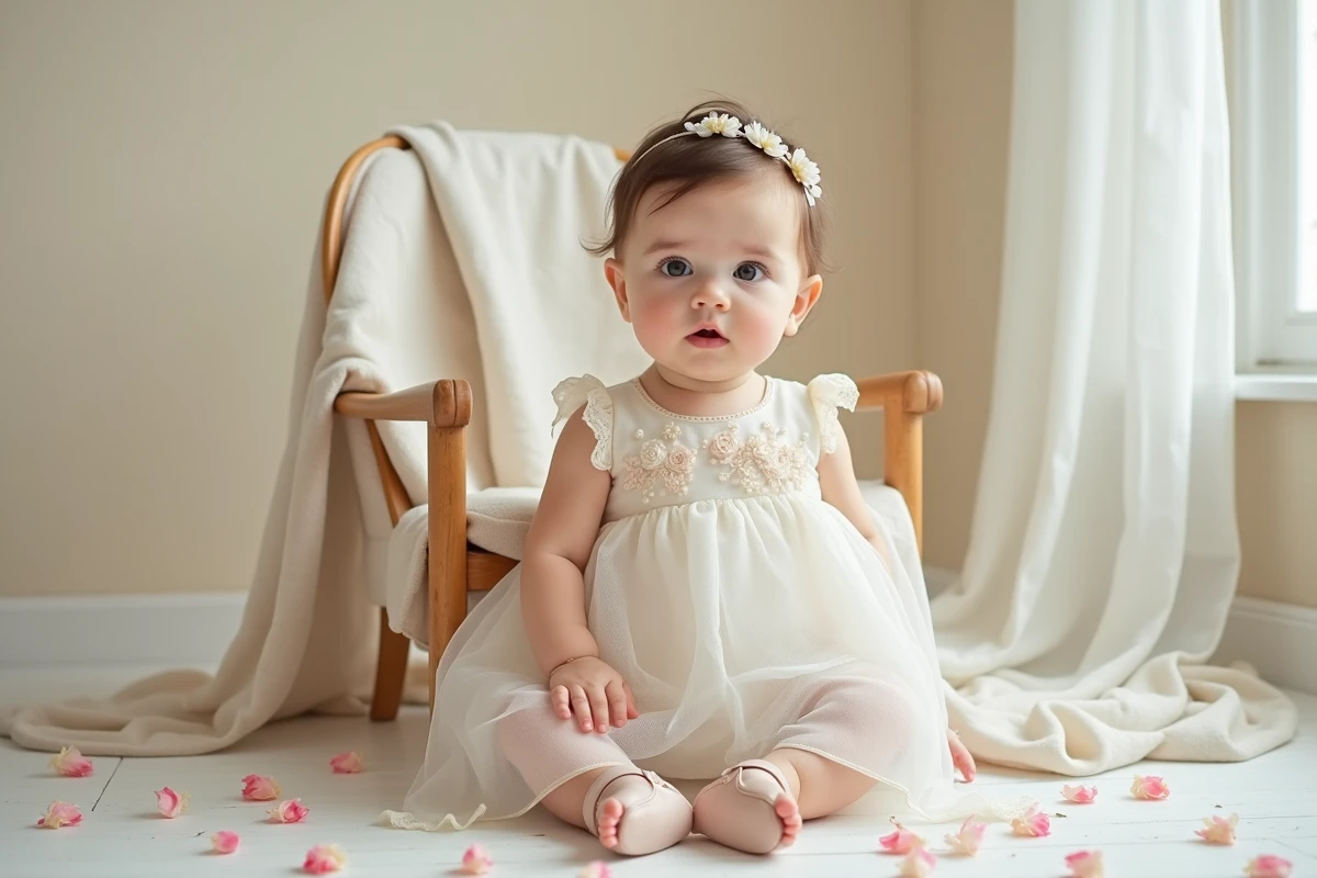 Bébé fille en robe blanche brodée avec chaussures Mary Jane roses assorties pour une fête