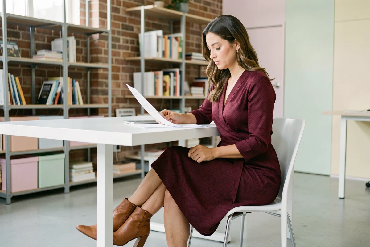 Femme assise à un bureau en robe portefeuille bordeaux et bottines cognac dans un espace de coworking, style professionnel chic