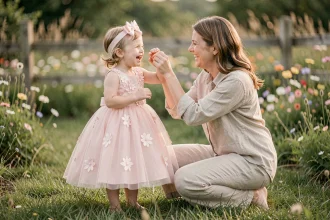Petite fille de 3 ans en robe princesse rose pâle dans un jardin fleuri avec sa mère lors d'une séance photo en famille