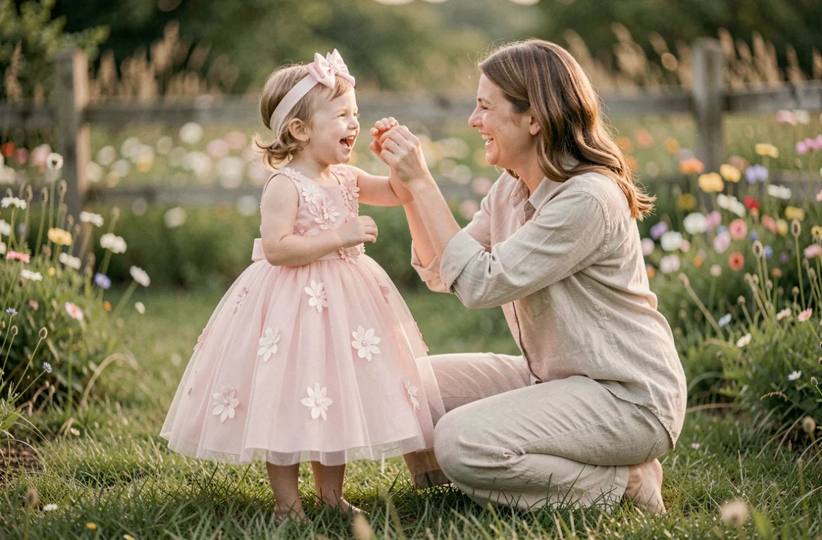 Petite fille de 3 ans en robe princesse rose pâle dans un jardin fleuri avec sa mère lors d'une séance photo en famille