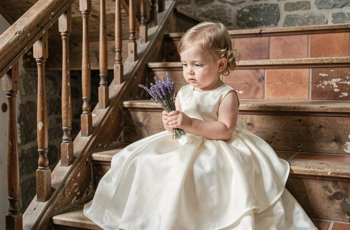 Fillette de 3 ans en robe princesse ivoire assise sur un escalier en bois rustique tenant un bouquet de lavande séchée