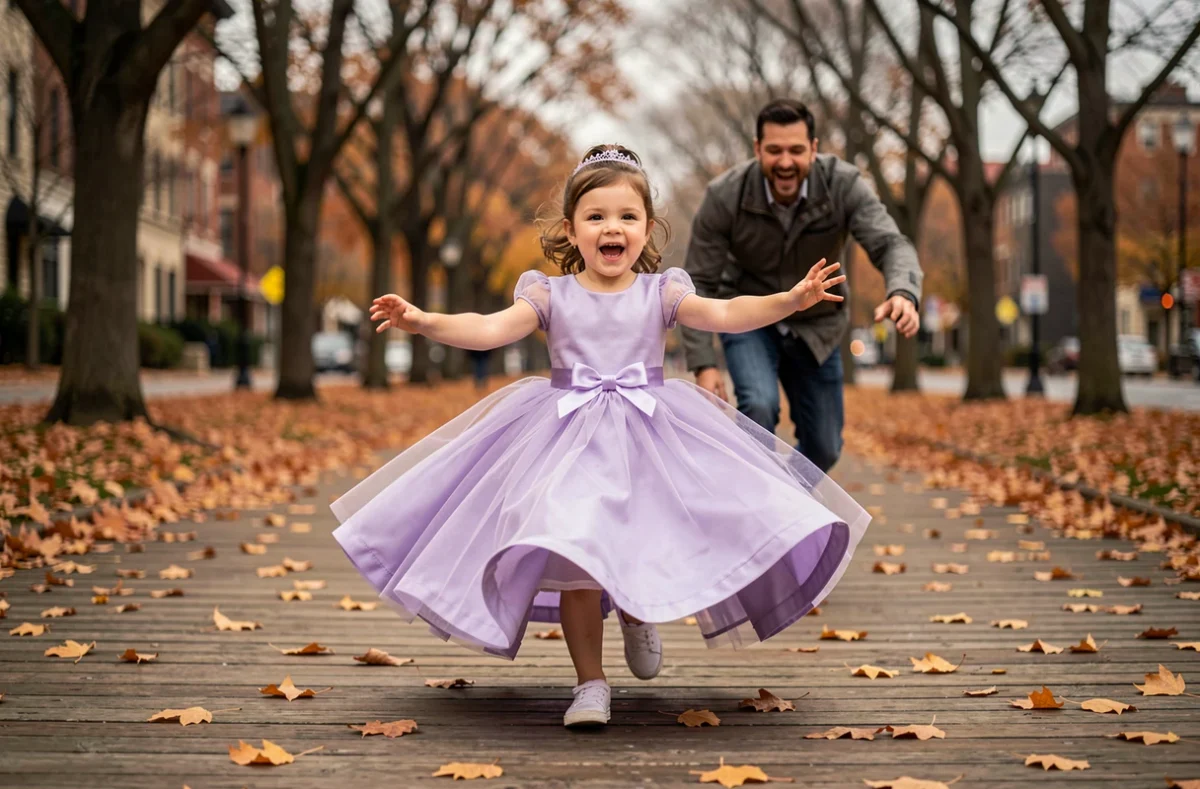 Petite fille de 3 ans en robe princesse lilas courant dans un parc automnal avec son père lors d'une séance photo de famille