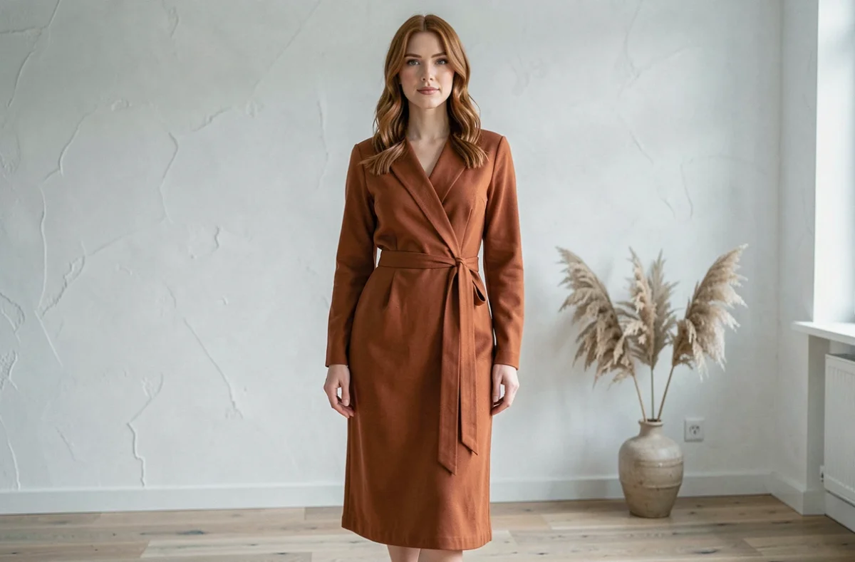 Femme à la carnation claire en robe terra cotta structurée dans un salon scandinave épuré aux tons neutres