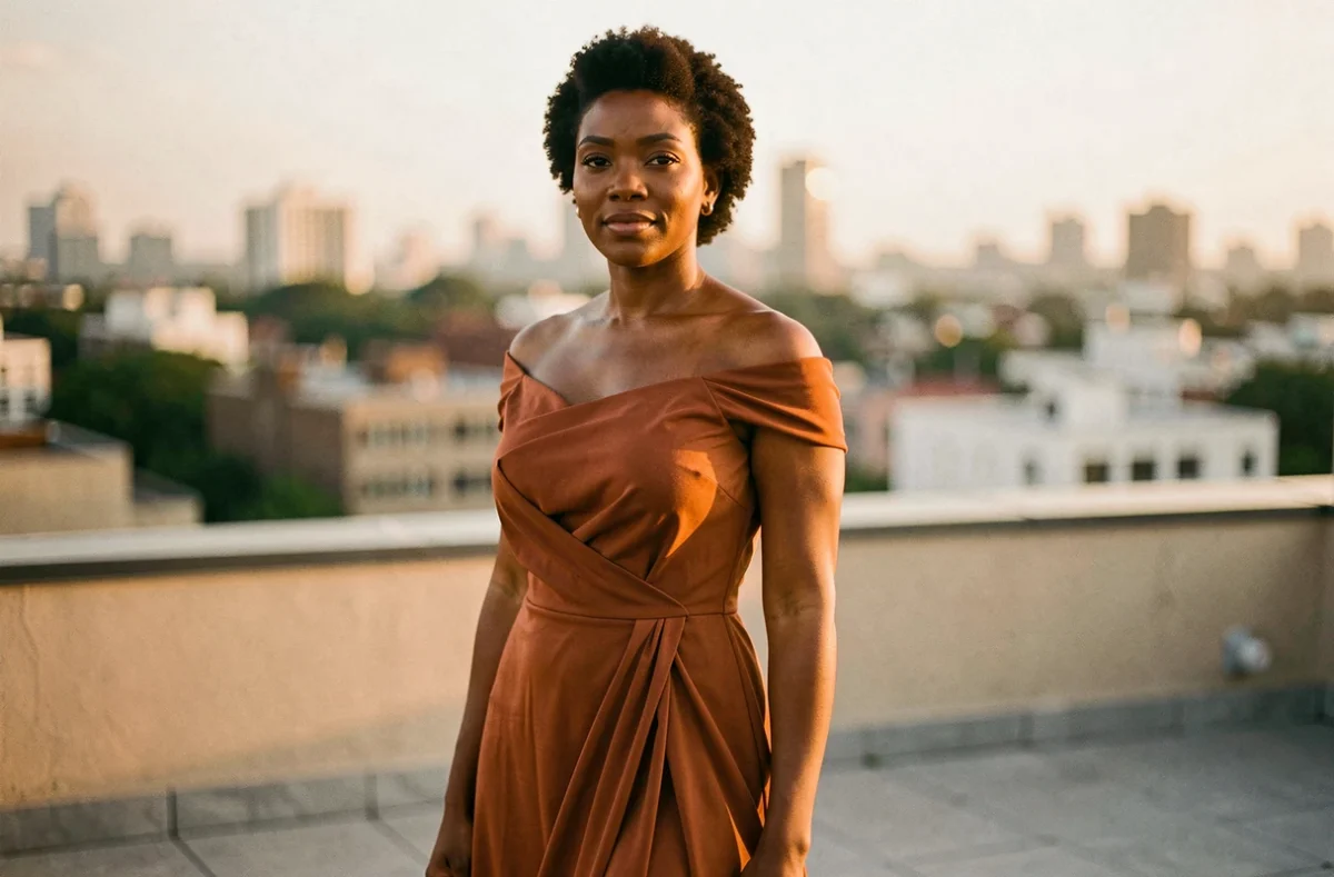 Femme à la carnation foncée en robe terra cotta maxi épaules dénudées sur une terrasse urbaine avec vue sur la ville