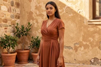 Femme à la carnation mate portant une robe terra cotta midi dans une cour méditerranéenne aux murs en pierre ocre