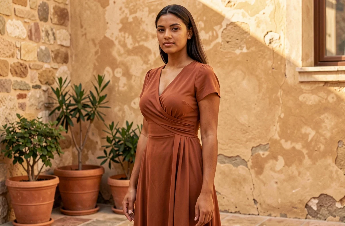 Femme à la carnation mate portant une robe terra cotta midi dans une cour méditerranéenne aux murs en pierre ocre