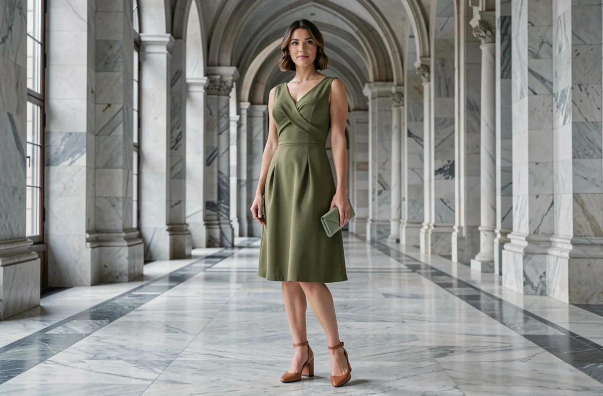 Femme en robe verte olive structurée avec escarpins cognac et pochette assortie dans un lieu de réception architectural