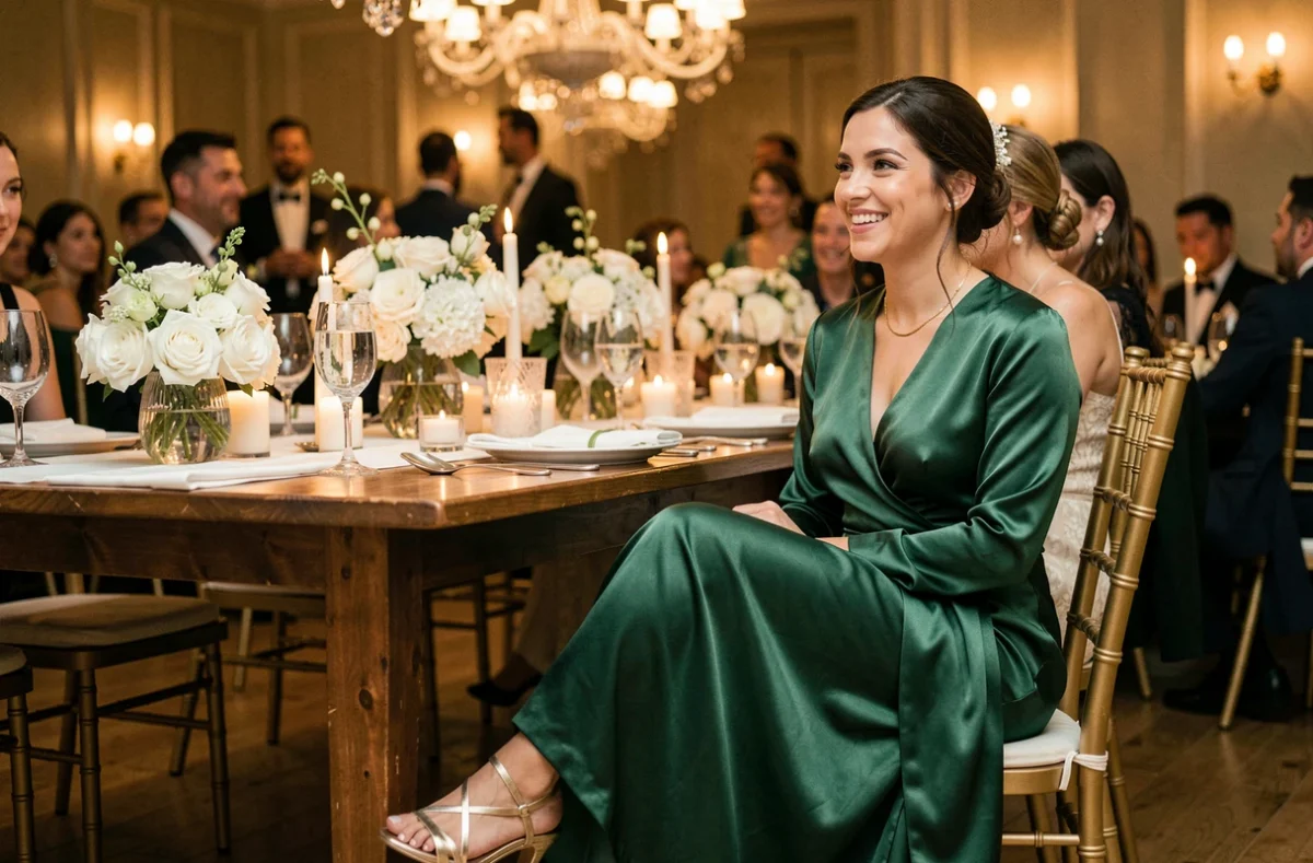 Invitée mariage en robe verte satin avec sandales dorées et bijoux discrets lors d'une réception élégante