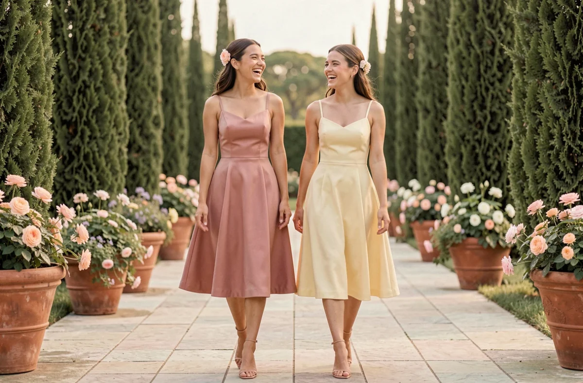 Deux invitées de mariage en robes courtes pastel rose et jaune se promenant sur une terrasse de jardin au printemps 2026