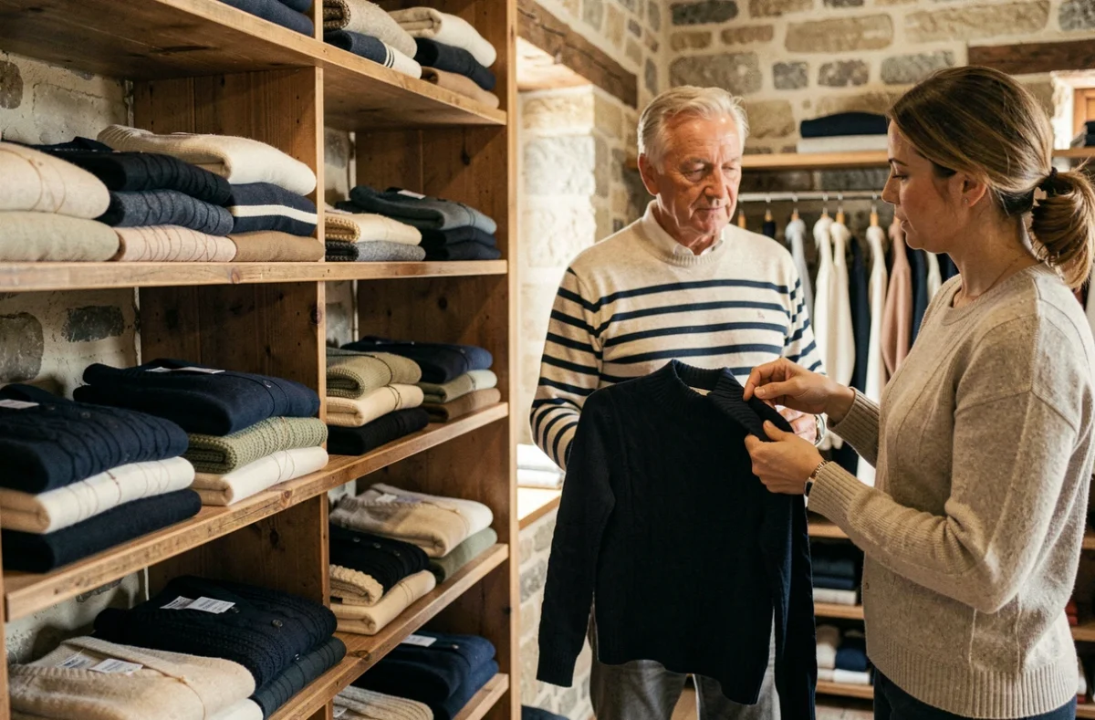 Homme portant un pull marin rayé dans la boutique Saint James de Tours spécialisée en maille marine homme et femme