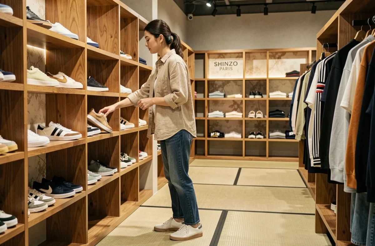 Femme parcourant les sneakers japonaises sur les étagères en bois de Shinzo Paris