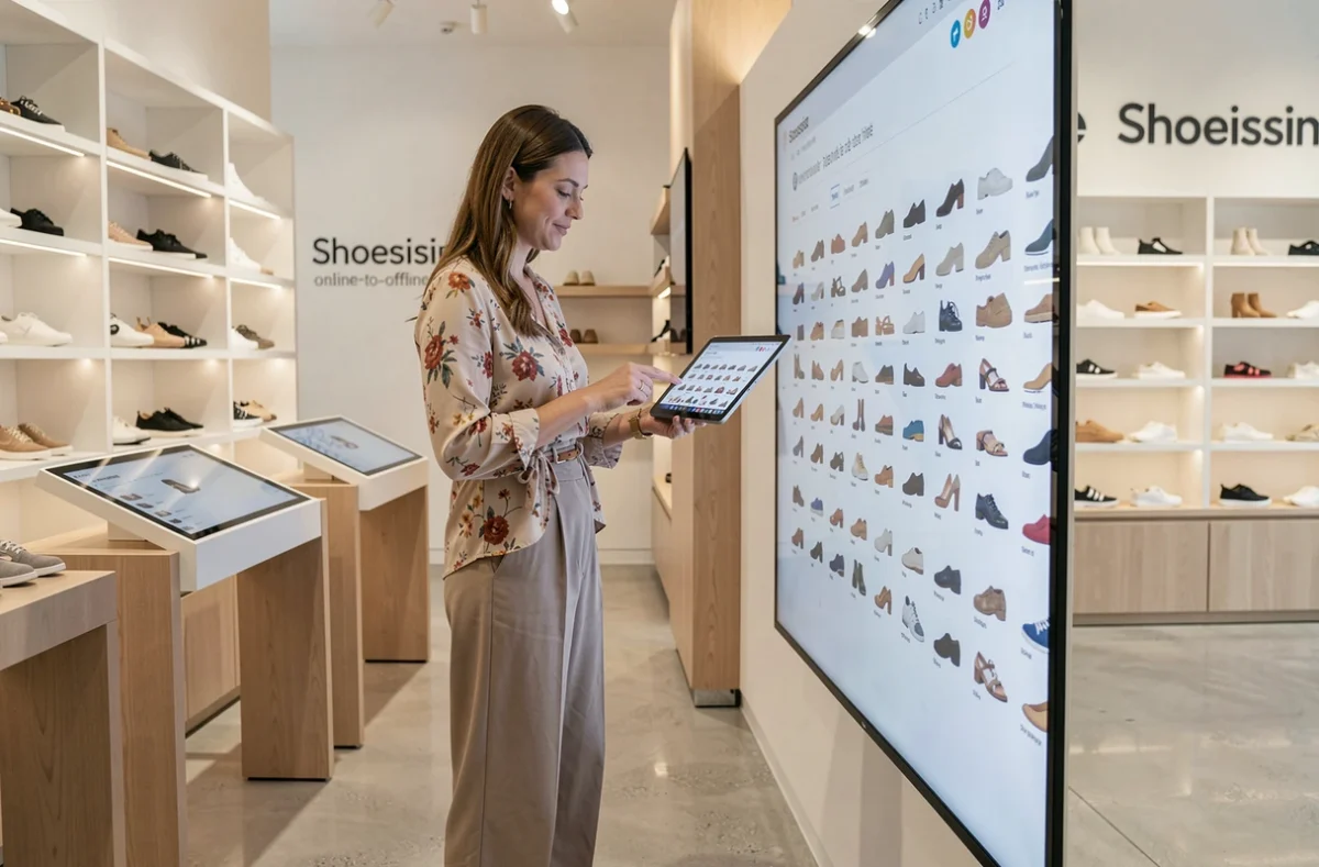 Femme utilisant une borne numérique interactive pour choisir des chaussures dans un magasin Shoesissime