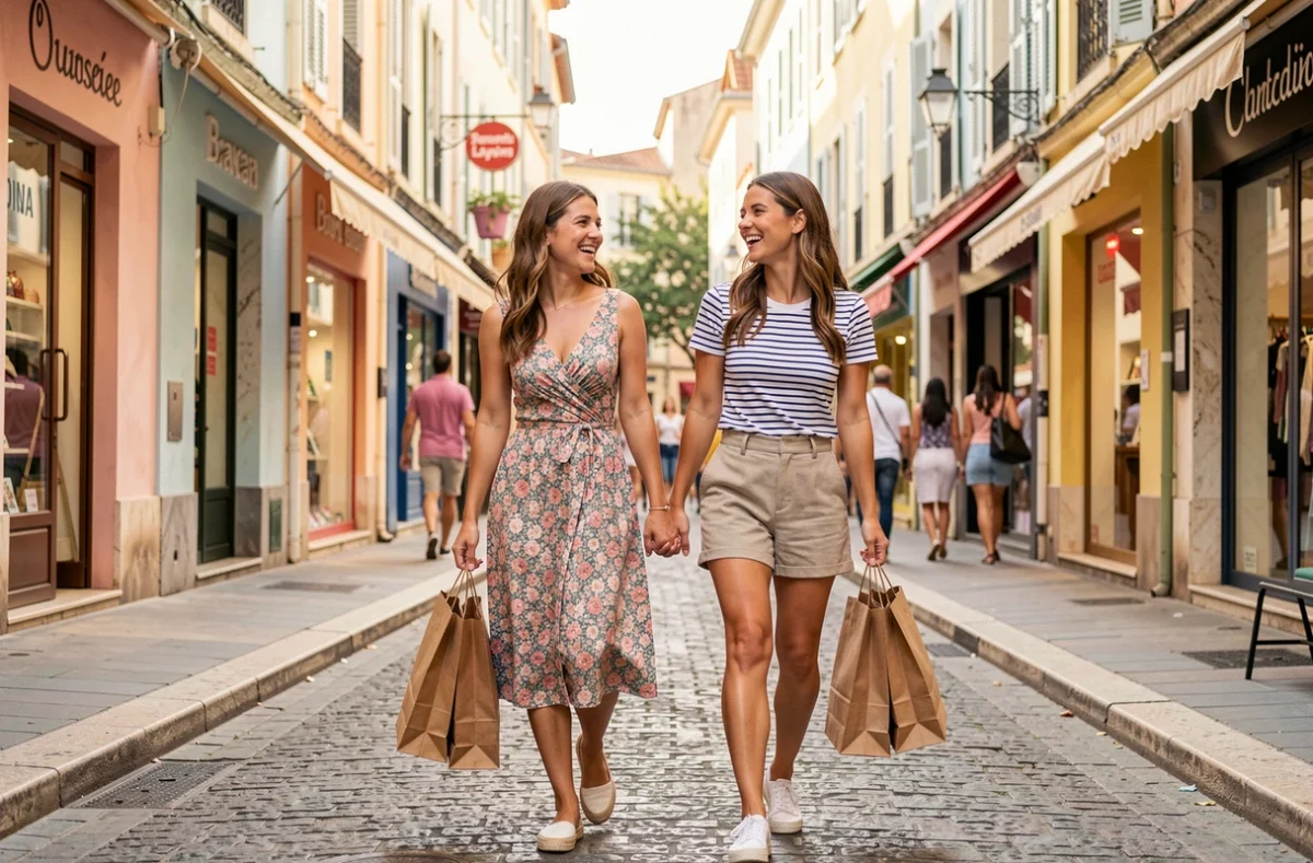 Deux femmes faisant du shopping dans une rue commerçante animée du centre de Marseille