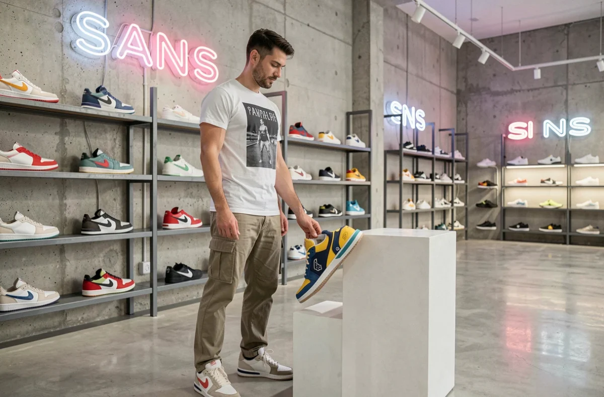 Client feuilletant des sneakers en édition limitée dans la boutique SNS Paris
