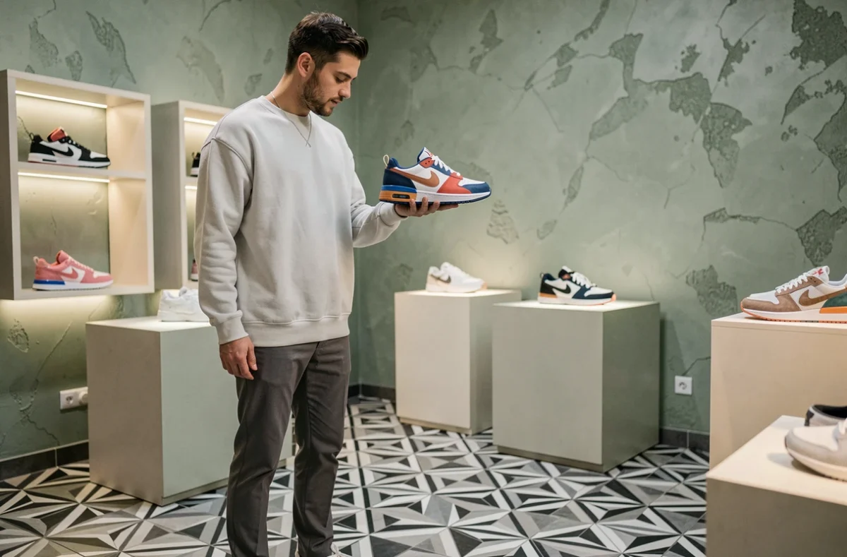 Client examinant une paire de sneakers aux couleurs vives dans la boutique Solebox Paris