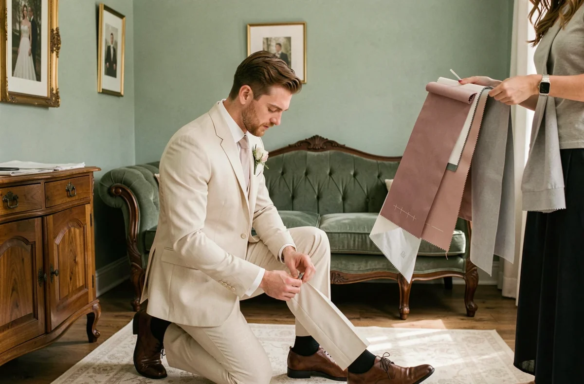 Essayage d'un costume de mariage sur mesure dans l'atelier Soulery avec consultant et échantillons de tissu