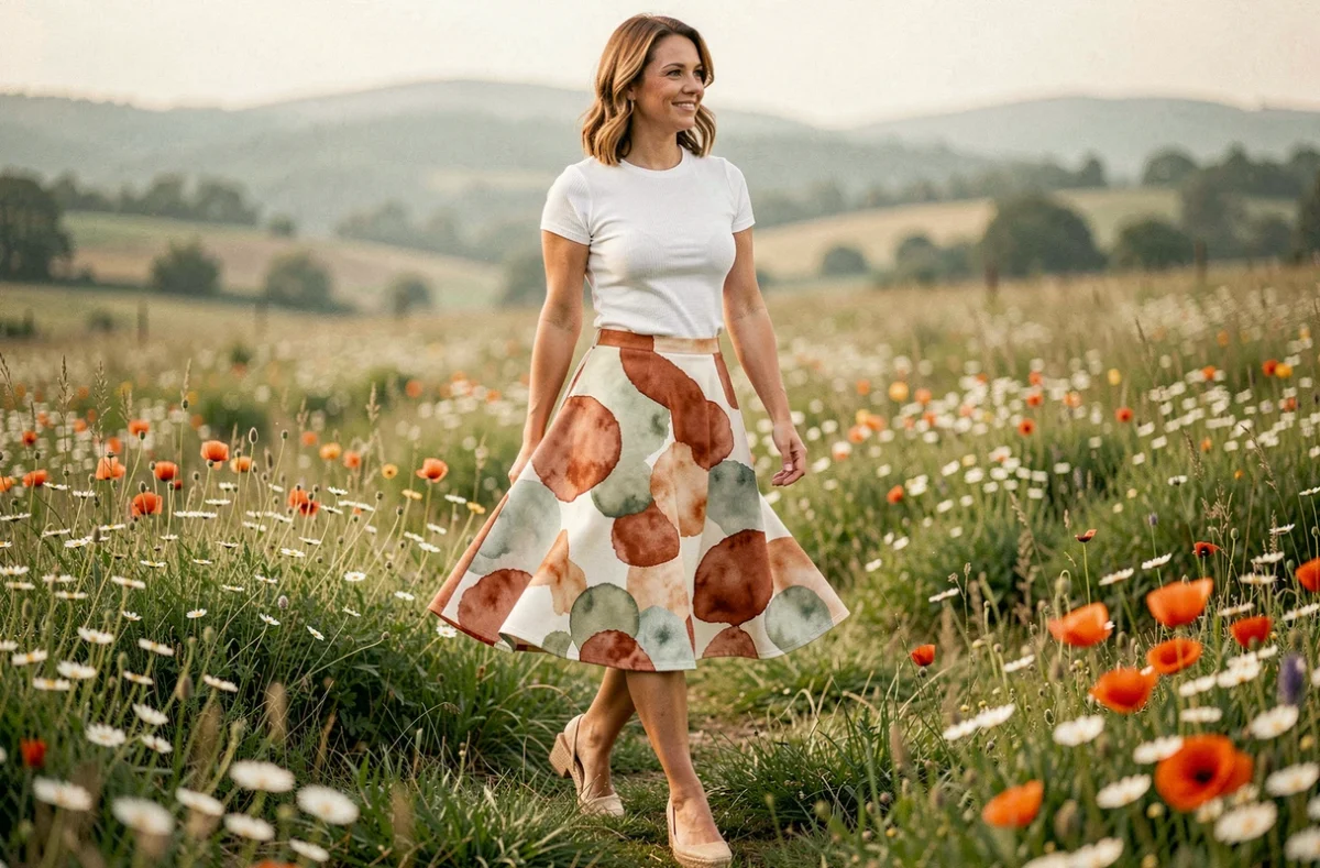 Femme en jupe midi imprimée bohème et top blanc marchant dans une prairie fleurie au printemps, style hippie chic