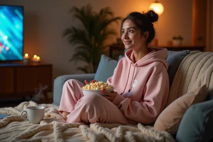 Jeune femme portant un team pilou pilou adulte rose enveloppée dans un plaid XXL crème sur un canapé pour une soirée séries cosy
