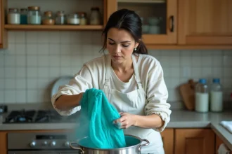 Femme fixant une teinture sur tissu polyester dans une casserole sur la cuisinière