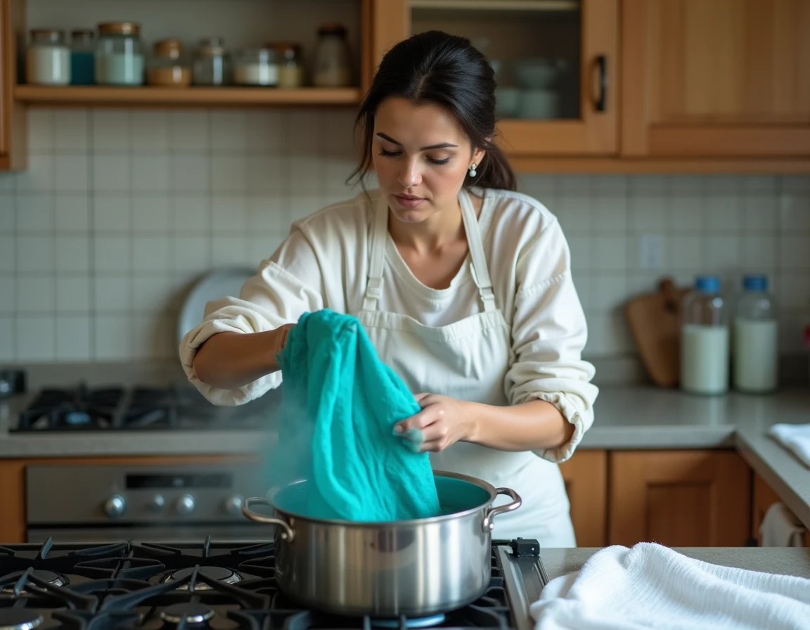Femme fixant une teinture sur tissu polyester dans une casserole sur la cuisinière