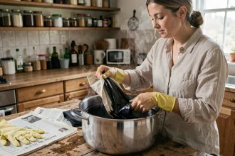 Femme teignant un vêtement en noir dans une grande casserole avec de la teinture textile sur une table en bois rustique