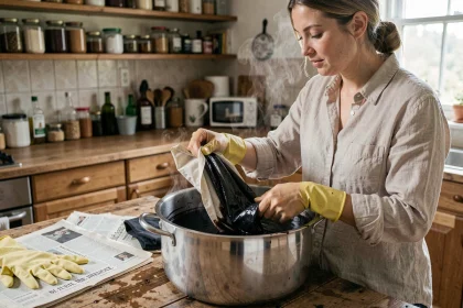 Femme teignant un vêtement en noir dans une grande casserole avec de la teinture textile sur une table en bois rustique