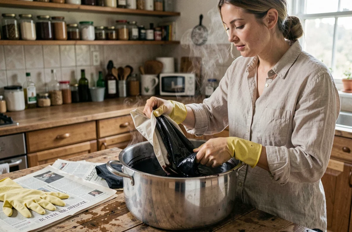 Femme teignant un vêtement en noir dans une grande casserole avec de la teinture textile sur une table en bois rustique