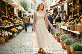 Femme en robe longue lin crème avec cardigan beige dans un marché en plein air au printemps, style bohème chic