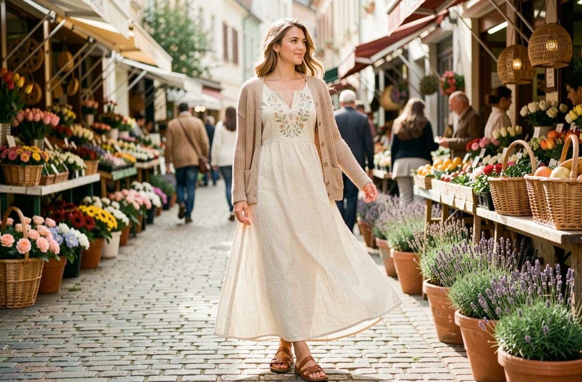 Femme en robe longue lin crème avec cardigan beige dans un marché en plein air au printemps, style bohème chic