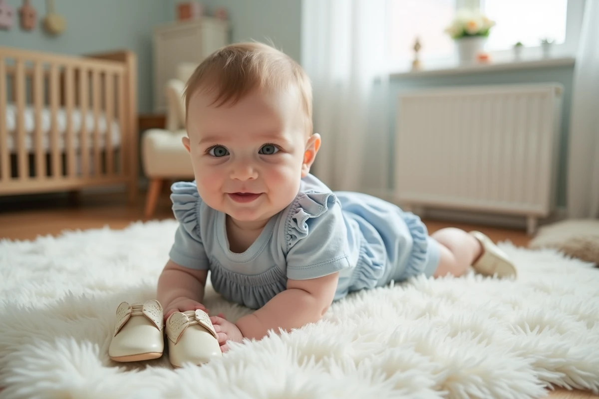 Bébé garçon en barboteuse bleue et chaussures oxford assortis pour une occasion festive