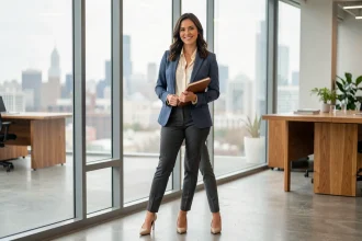 Femme élégante en tailleur bleu ardoise et chemisier en soie crème dans un bureau moderne, tenue professionnelle et féminine