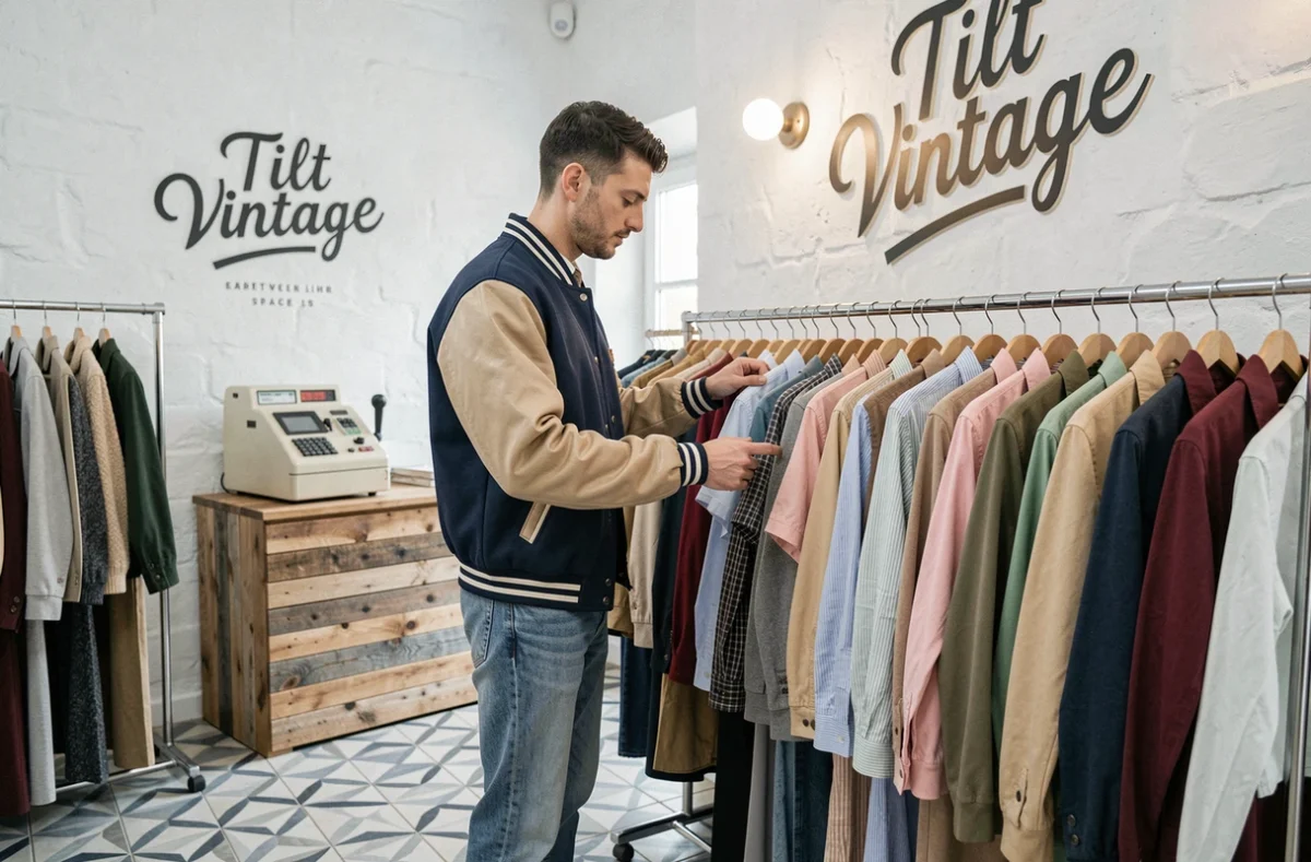Intérieur de Tilt Vintage à Lyon avec ses portants organisés par couleurs et un client qui consulte une rangée de chemises soigneusement pressées