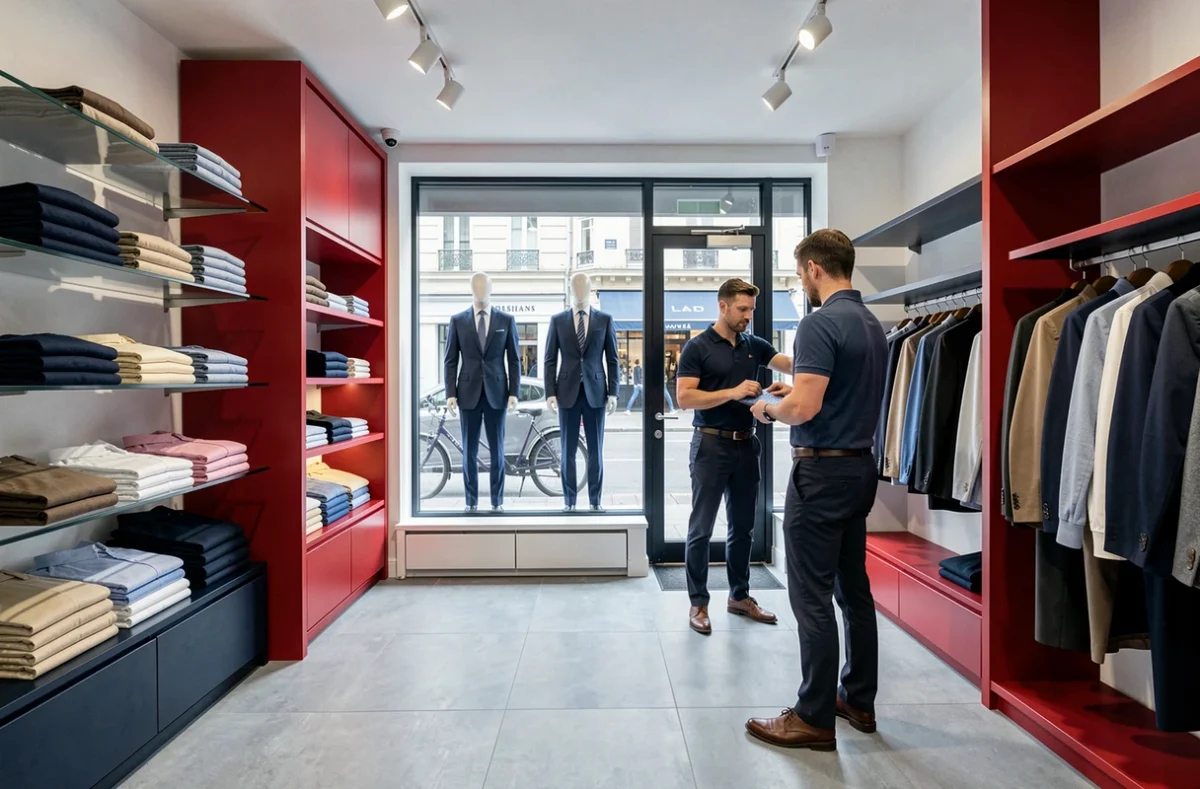 Intérieur de la boutique Tommy Hilfiger à Orléans avec vestes et chemises premium pour homme exposées