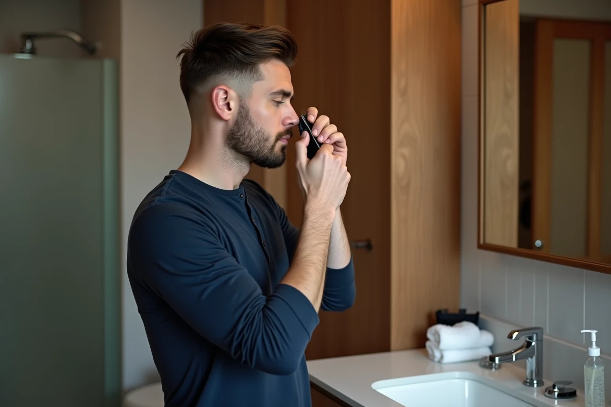 Homme utilisant une tondeuse T-blade pour entretenir les contours de son taper bas à la maison