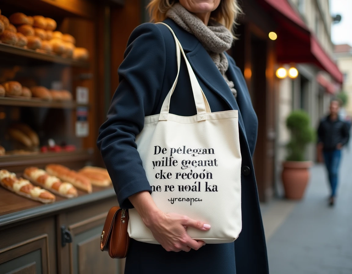 Mains tenant un tote bag personnalisé avec citation devant une boulangerie française rustique