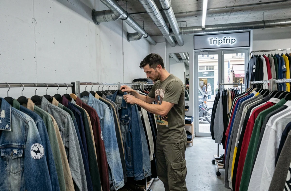 Boutique Tripfrip à Lyon avec un décor industriel, des portants chargés de streetwear vintage et un client qui feuillette des vestes en denim