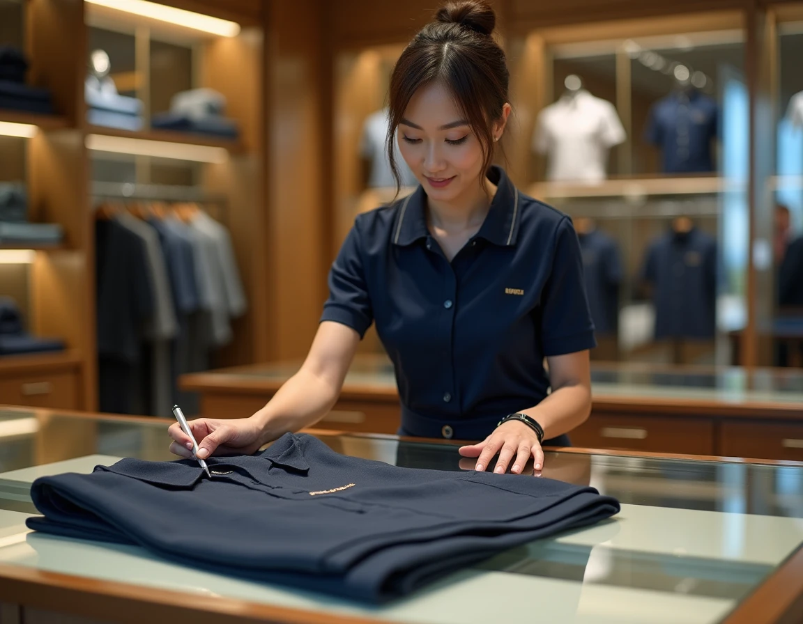 Vendeuse en boutique expliquant les détails d'authenticité d'un vêtement de marque sur le comptoir