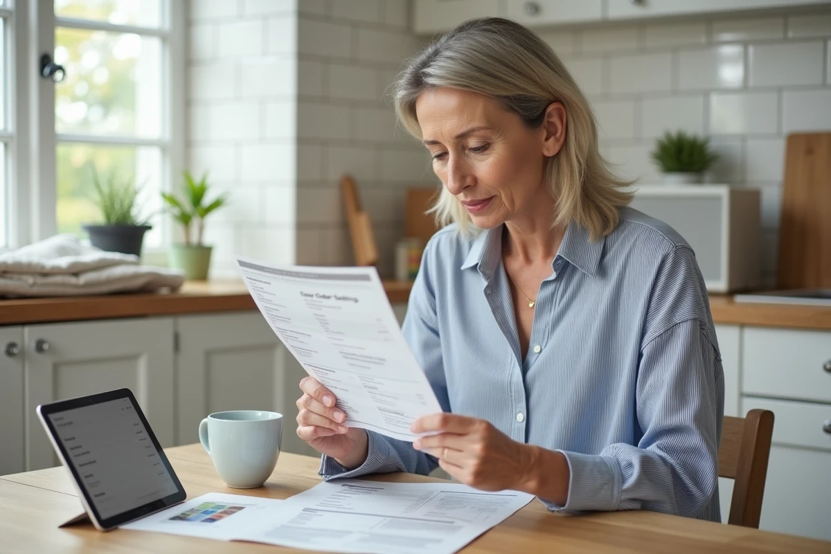 Femme vérifiant une confirmation de commande habillement et mettant à jour son adresse sur une tablette dans sa cuisine